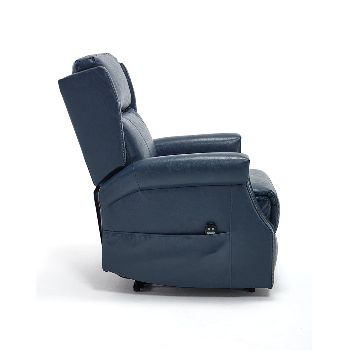 Side profile of LL1260 manual leather recliner chair in navy blue with visible side pocket and handle mechanism.