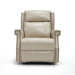 Front view of LL1260 beige manual leather recliner chair with high back support and nailhead trim for stylish living room seating.