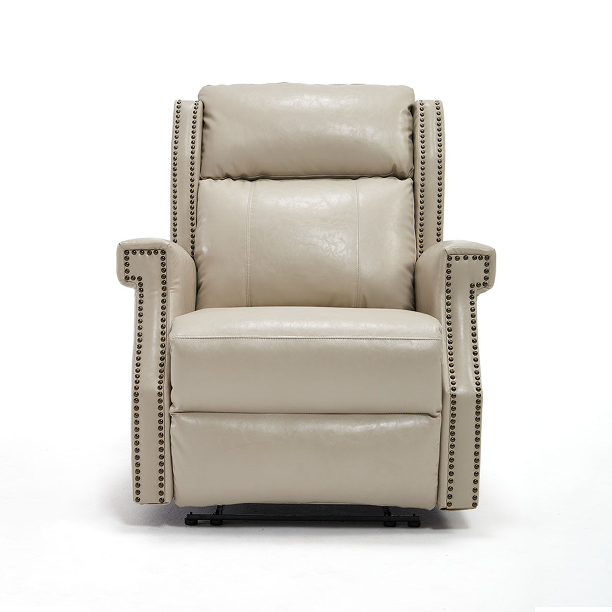 Front view of LL1260 beige manual leather recliner chair with high back support and nailhead trim for stylish living room seating.
