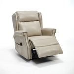 LL1260 beige leather recliner chair in partially reclined position with extended footrest, ideal for compact modern living rooms.