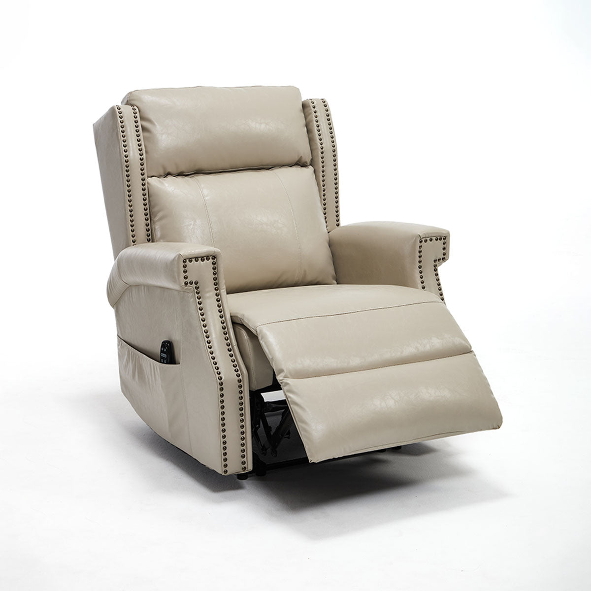 LL1260 beige leather recliner chair in partially reclined position with extended footrest, ideal for compact modern living rooms.