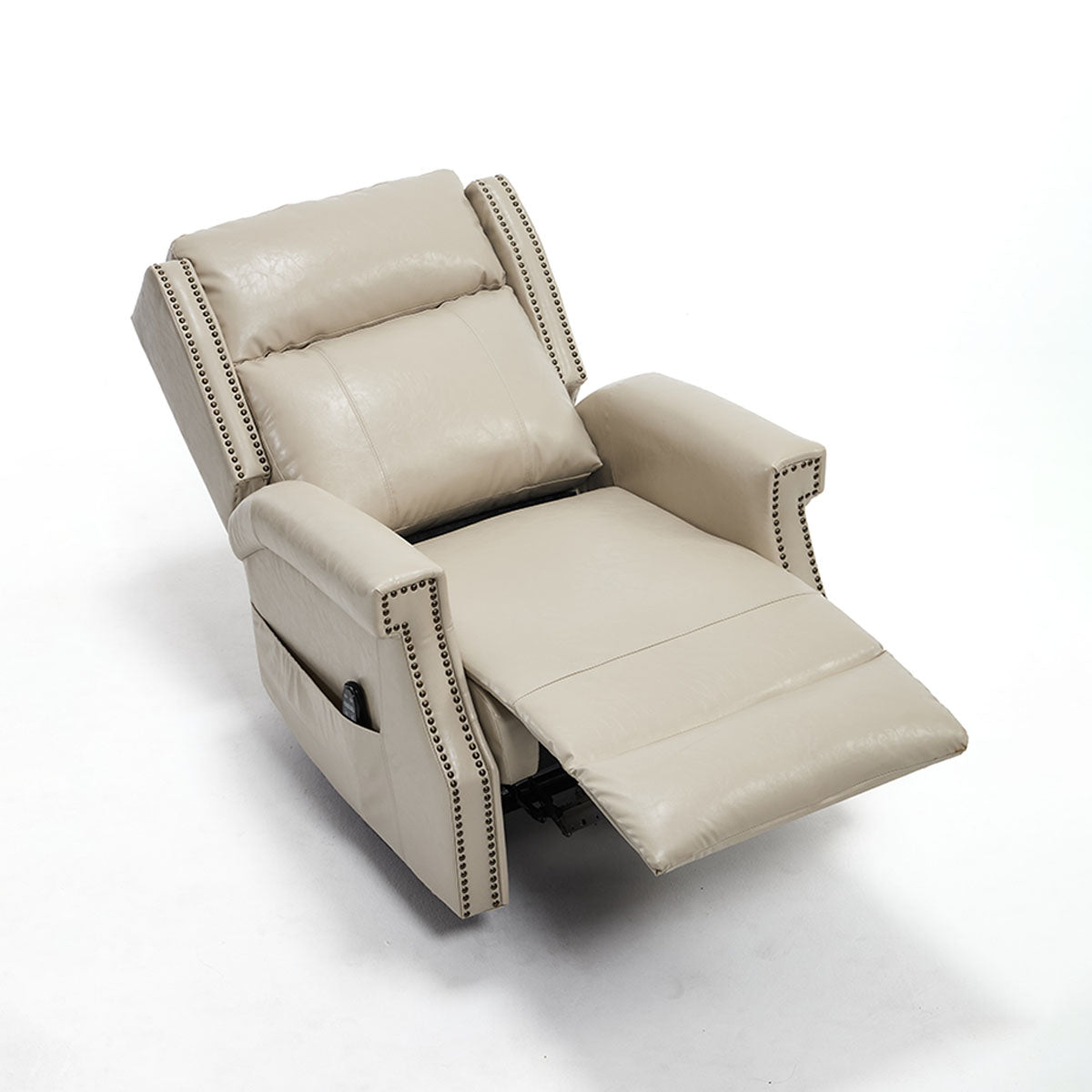 Fully reclined LL1260 beige manual leather recliner chair with extended footrest, offering 155° angle for living room relaxation.