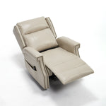 Fully reclined LL1260 beige manual leather recliner chair with extended footrest, offering 155° angle for living room relaxation.