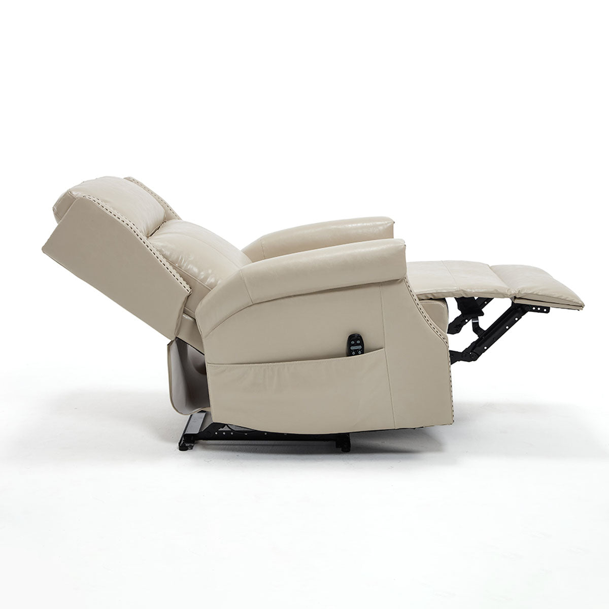 LL1260 beige leather recliner chair in full recline with extended footrest and ergonomic backrest for living room relaxation.