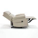 LL1260 beige leather recliner chair in full recline with extended footrest and ergonomic backrest for living room relaxation.