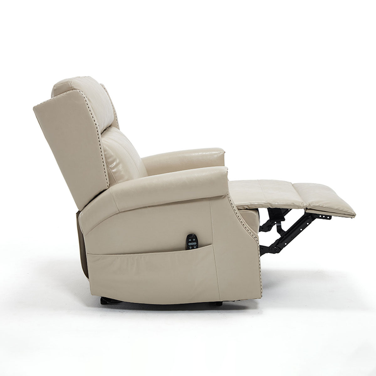 Side view of LL1260 beige leather recliner chair in reclined position with visible massage remote pocket and extended footrest.