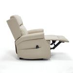 Side view of LL1260 beige leather recliner chair in reclined position with visible massage remote pocket and extended footrest.