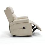 LL1260 beige manual leather recliner chair in semi-reclined position with visible footrest mechanism and side control pocket.