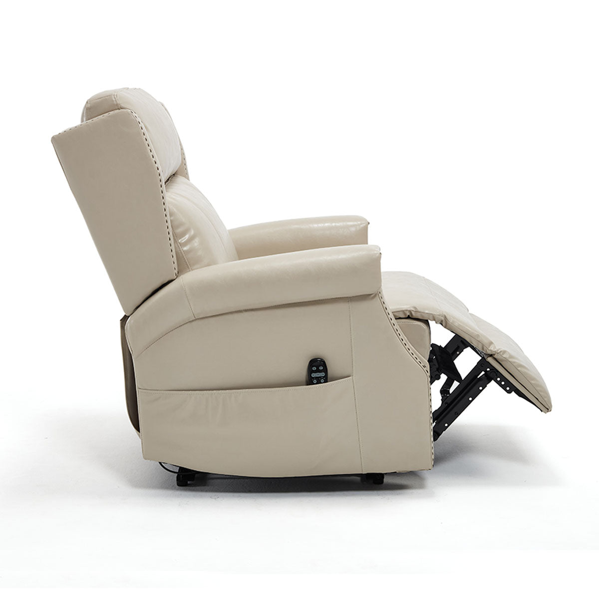LL1260 beige manual leather recliner chair in semi-reclined position with visible footrest mechanism and side control pocket.