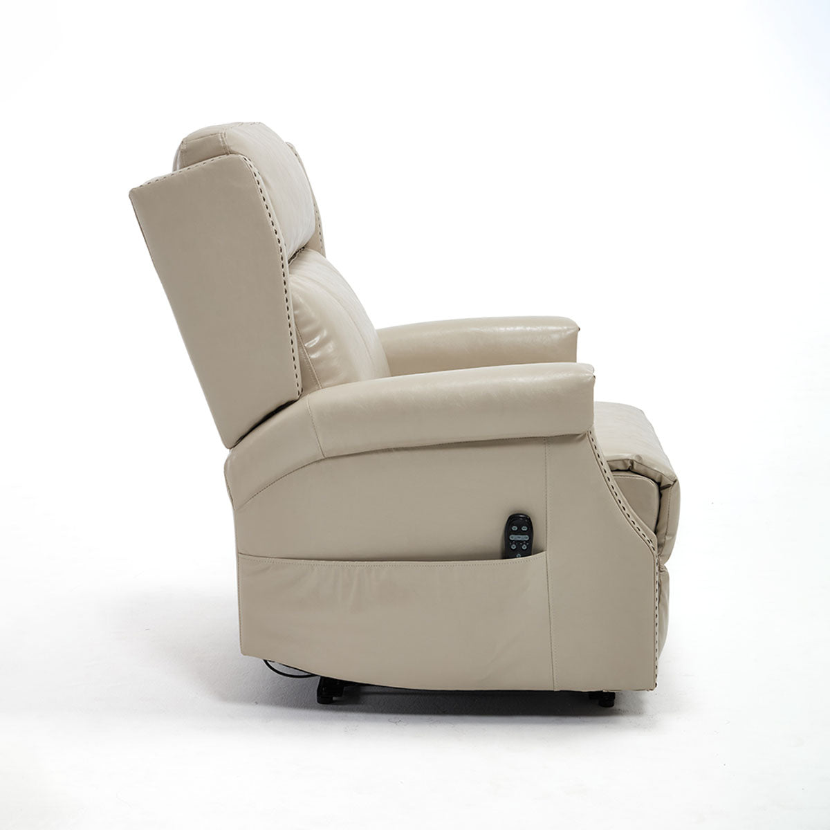 Side profile of LL1260 beige leather recliner chair showing manual control and compact design for modern living room comfort.