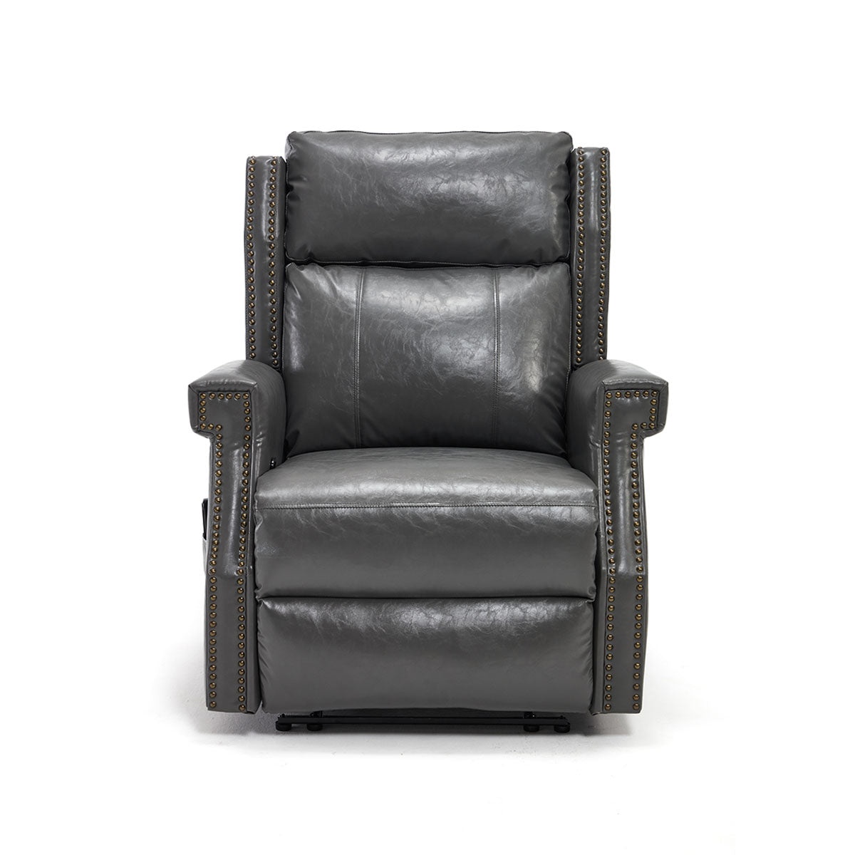 Front view of LL1260 comfortable manual leather recliner chair in gray, featuring high-back support and nailhead trim for modern living rooms.