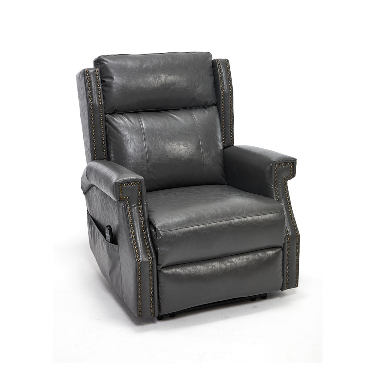 LL1260 manual leather recliner chair in dark gray with nailhead trim and plush cushioning for stylish living rooms.