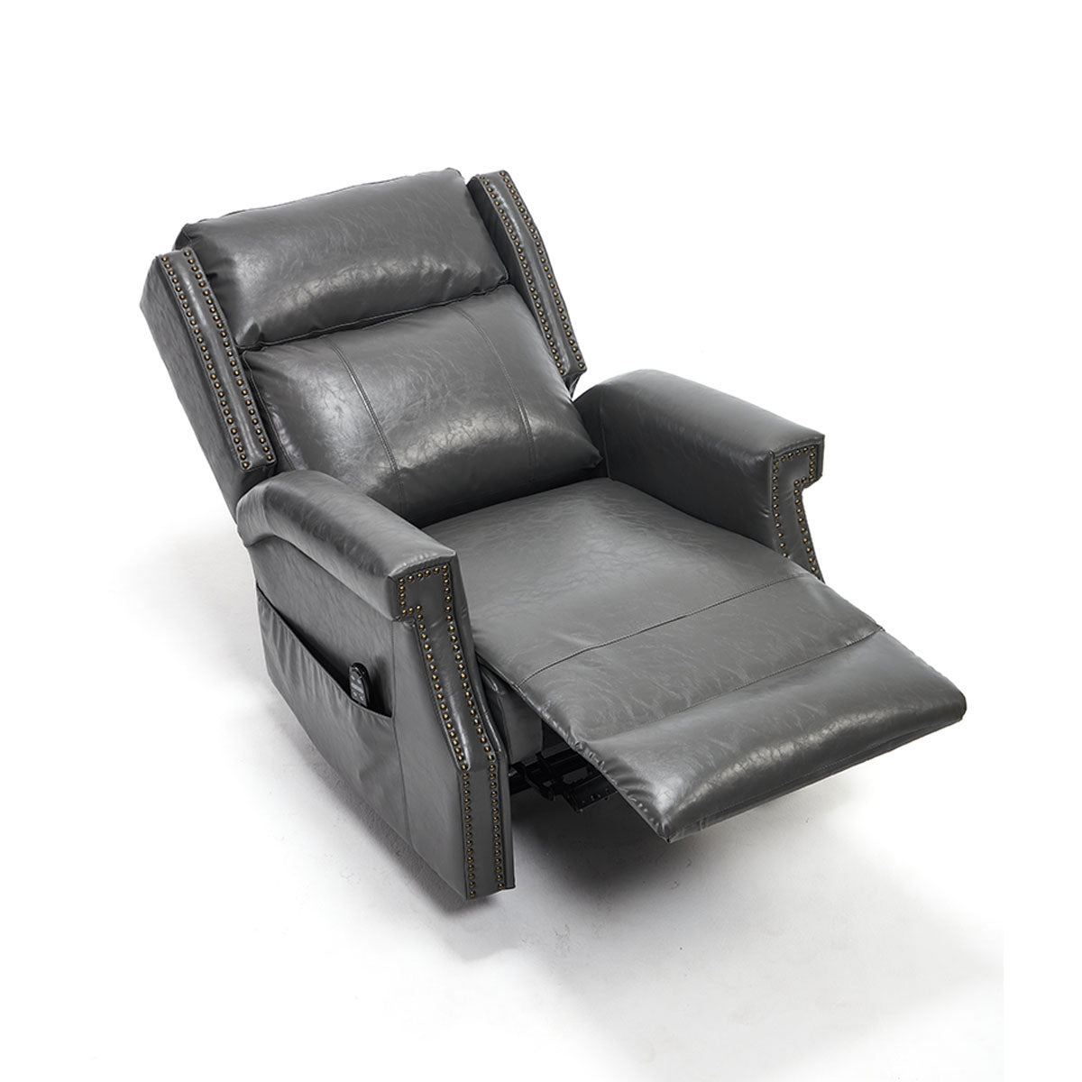 Fully reclined LL1260 manual leather recliner chair in gray leather, offering 155° backrest angle and plush comfort for relaxation.