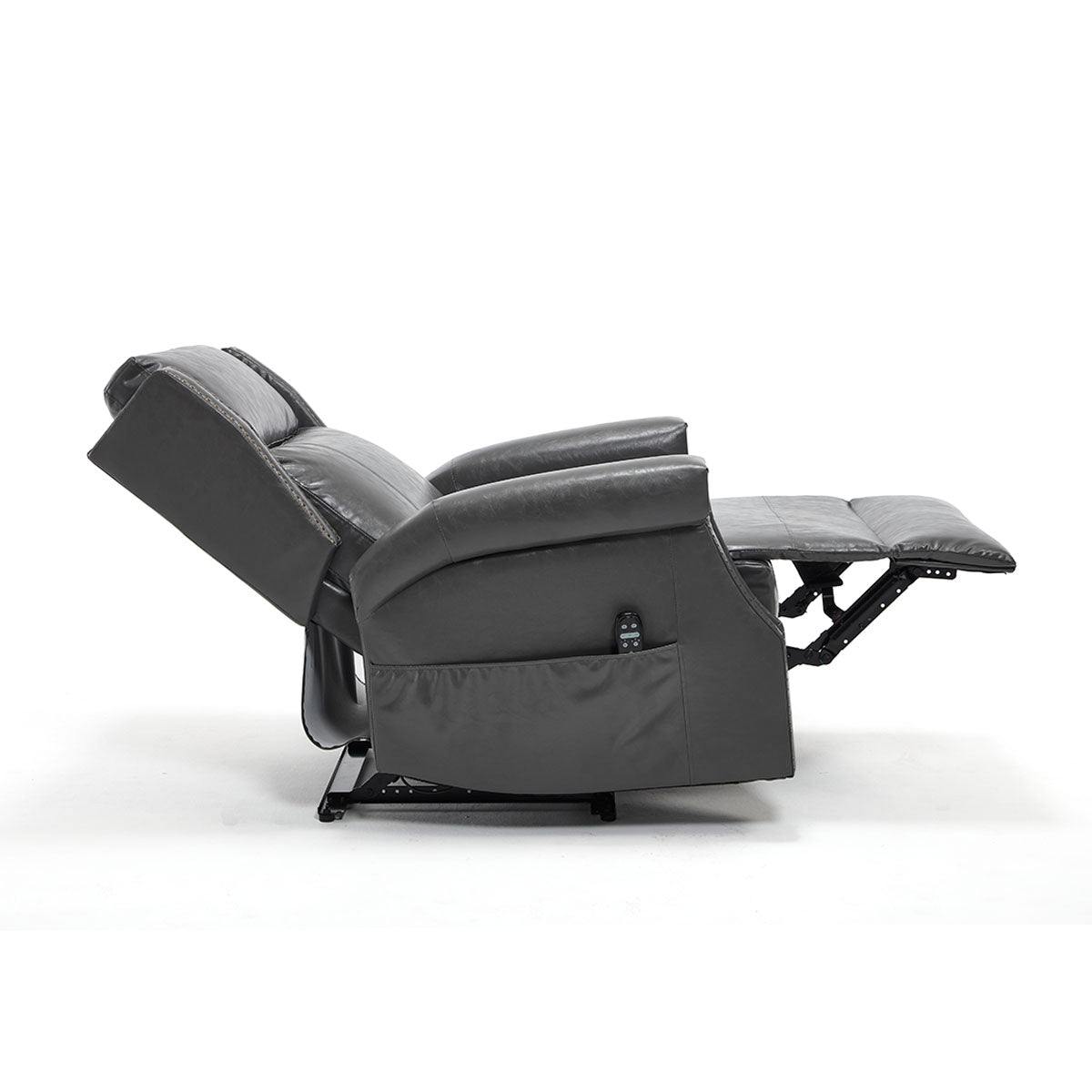 LL1260 manual leather recliner chair fully extended with 155° recline and footrest raised, perfect for cozy modern living rooms.