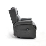 Side profile of LL1260 manual leather recliner chair in upright position, showing side pocket with remote and sleek compact design.