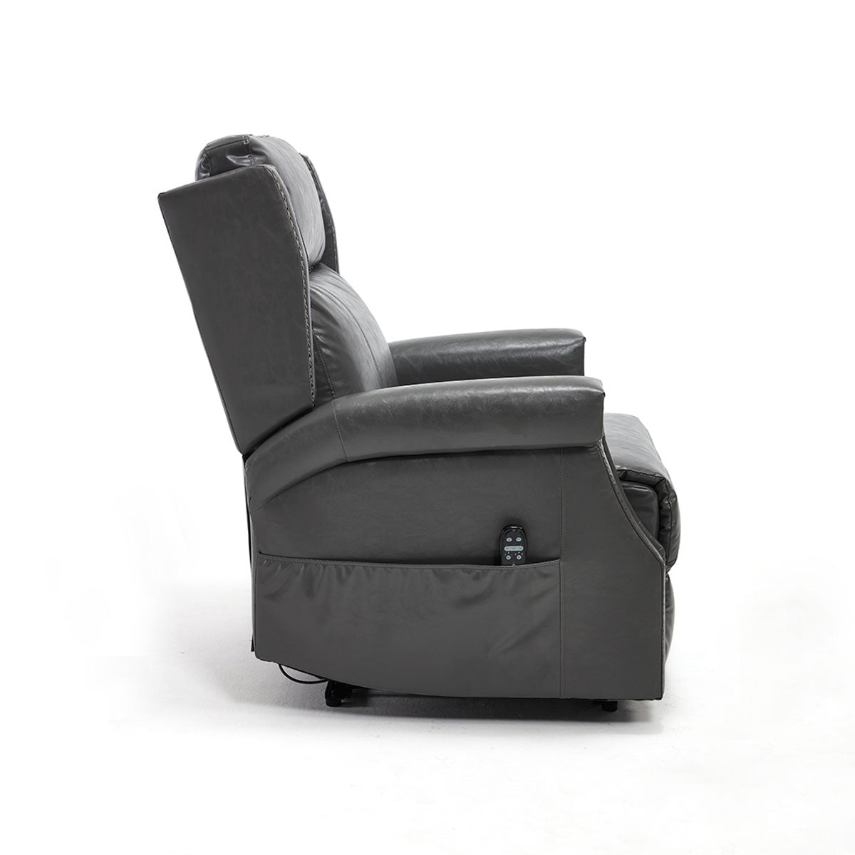 Side profile of LL1260 manual leather recliner chair in upright position, showing side pocket with remote and sleek compact design.