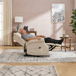 Elderly man reclining in LL1260 manual leather recliner chair in beige, showcasing full recline for living room relaxation.